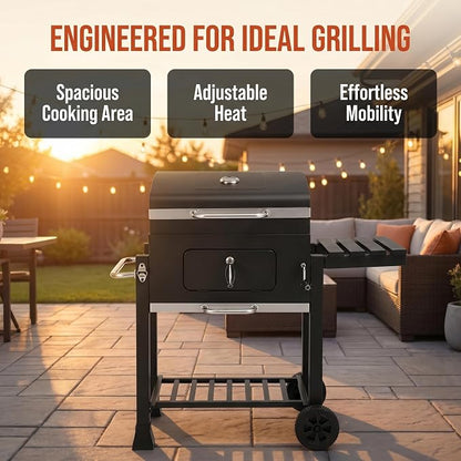 Charcoal Grill with Foldable Side Table and Wheels, Heavy-duty Outdoor BBQ Grill for Backyard, Patio, Garden, and Picnic Cooking, Black