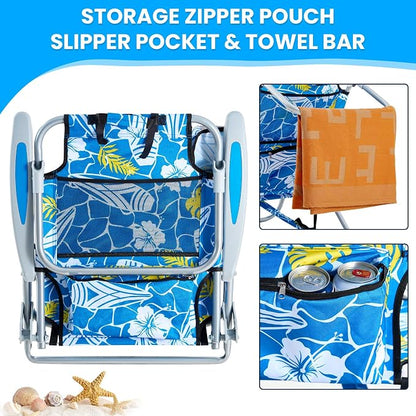 Portable Beach Chair for Adults, Outdoor Camping Chair Lay Flat Folding Backpack Beach Reclining Chair with 5 Positions, Headrest, Cup Holder, Heavy Hawaiian Style