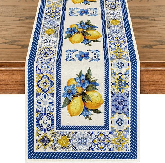 Artoid Mode Lemon Flowers Blue and White Porcelain 210 GSM Summer Table Runner, Seasonal Spring Kitchen Dining Table Decoration for Home Party Decor 13x108 Inch