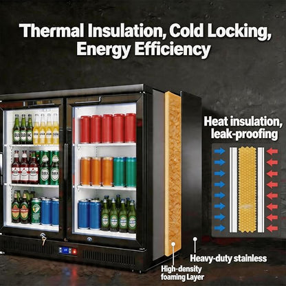 Back Bar Cooler Under Counter Beverage Refrigerator, 7.2 Cu Ft Undercounter Fridge,2 Door 35.5 inch Commercial Beer Built-In Cooler with LED Light Adjustable Shelves Safety Locks,ETL Approval