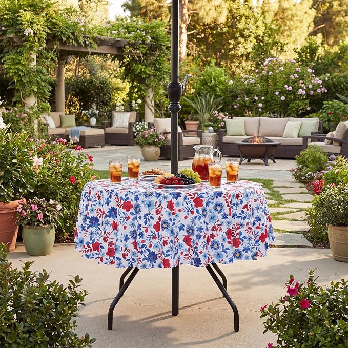 SquarePie 4th of July Outdoor Tablecloth with Umbrella Hole Round - 60 Inch Waterproof Zipper Patriotic Red Blue Flowers Table Cover for Spring Summer Garden Party Picnic
