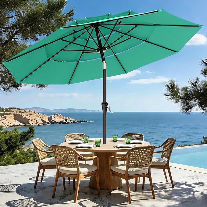 AreShark 9ft 3-Tier Patio Umbrellas, Outdoor Umbrella with 8 Sturdy Ribs UV Protection Windproof, Market Table Umbrella w/Push Button Tilt & Crank for Pool, Porch, Deck, Garden(Turquoise)