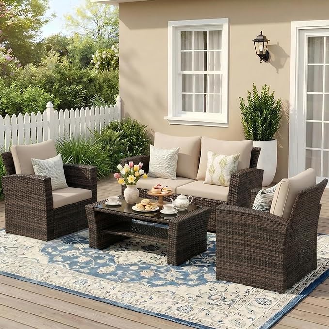 Wisteria Lane Patio Furniture Set, Wicker Outside Outdoor Furniture for All Weather, Patio Sofa with High Backrest Support and Wide Armrest for Backyard, Balcony, Deck, Porch, Brown