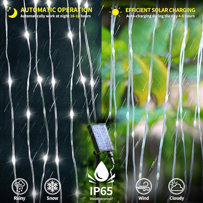 Solar Curtain Lights 10*10Ft 300LED Waterproof Waterfall Light with 8 Modes Remote Type C Charging Dimmable Timer Twinkle Fairy String Lights for Outdoor Christmas Gazebo Wedding Party Pergola Patio