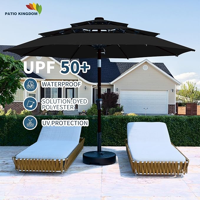 PatioKingdom 9ft 3-Tier Patio Market Umbrella with Crank/Tilt, Commercial Heavy Duty Wind Proof,Outdoor Table Umbrella with 8 Fiberglass Ribs,UPF50+ for Deck,Pool,Garden,Backyard (Black)