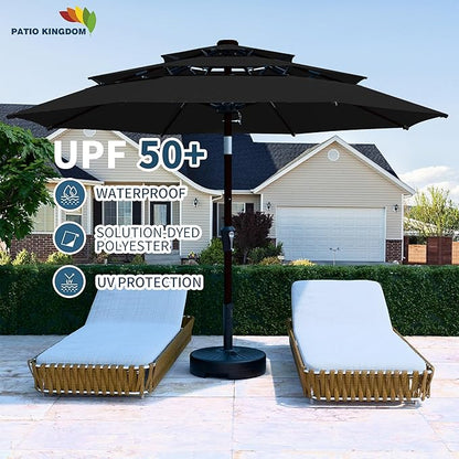 PatioKingdom 9ft 3-Tier Patio Market Umbrella with Crank/Tilt, Commercial Heavy Duty Wind Proof,Outdoor Table Umbrella with 8 Fiberglass Ribs,UPF50+ for Deck,Pool,Garden,Backyard (Black)