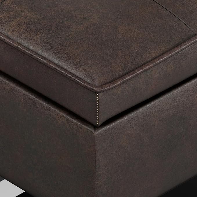 SIMPLIHOME Cosmopolitan Storage Ottoman Bench - 44 inch Wide Upholstered Vegan Leather Rectangle Storage Ottoman in Distressed Brown, Transitional Bench for Bedroom with Tufted Lift-Top and Open Shelf