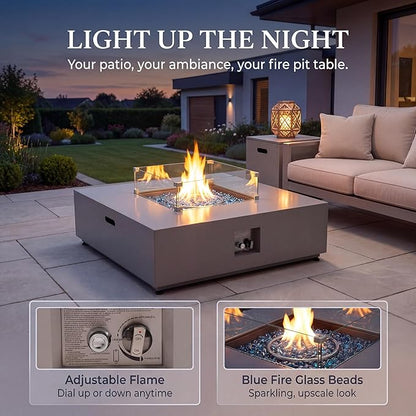 NICESOUL 40" Outdoor Square Propane Fire Pit Table with Hidden Tank Desk, 50,000 BTU Natural Gas Fireplace for Backyard Patio, CSA Certified Firepit with Tempered Glass Guard & Cover, Concrete Grey