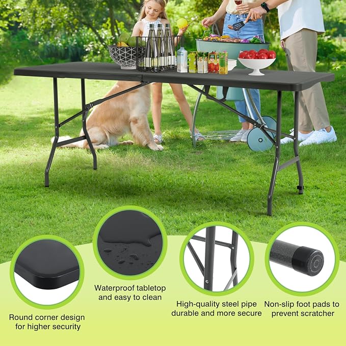 BestOffice | 6FT Folding Table | Black | Portable Plastic Table | with Carry Handle | Waterproof & Foldable Table Design | Steel Frame with Lock | for Events, Camping, Indoor & Outdoor Use