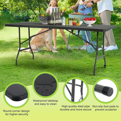 BestOffice | 6FT Folding Table | Black | Portable Plastic Table | with Carry Handle | Waterproof & Foldable Table Design | Steel Frame with Lock | for Events, Camping, Indoor & Outdoor Use