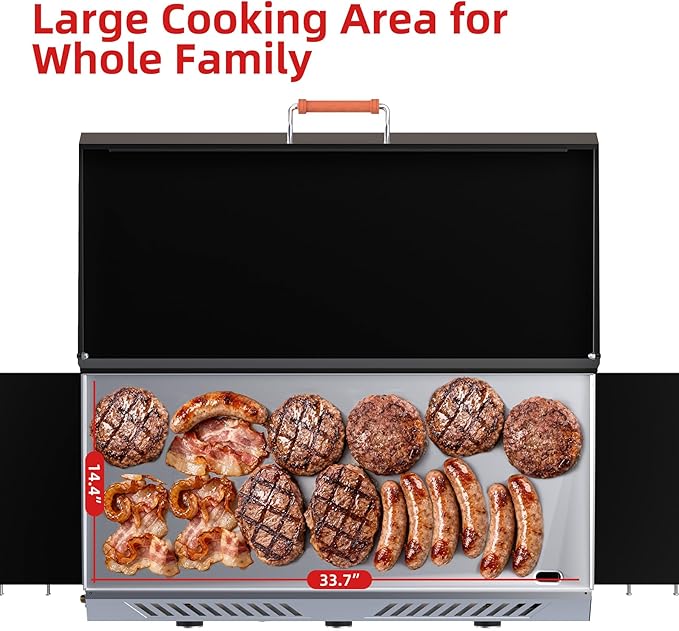 Veralune 2 in 1 Flat Top Gas Grill with Lid, Propane Gas Griddle, Outdoor Griddle Grill, Folding Side Shelves, Push-Button Ignition, Large Cooking Area