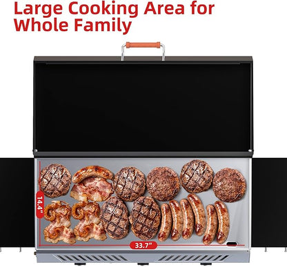 Veralune 2 in 1 Flat Top Gas Grill with Lid, Propane Gas Griddle, Outdoor Griddle Grill, Folding Side Shelves, Push-Button Ignition, Large Cooking Area