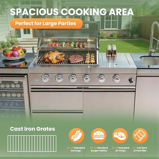 98" Rolling Outdoor Kitchen Island with Built-In 4 Burner 72,000 BTU Stainless Steel Gas Grill Featuring Rotisserie Oven,Granite Countertops,Beverage Fridge,Sink. (Silver + Fridge + Sink, Natural Gas)