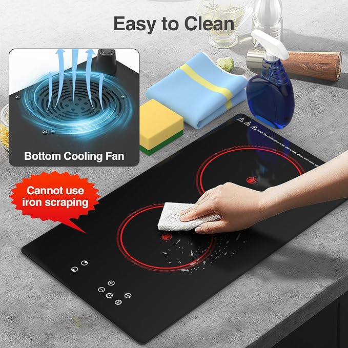 GIHETKUT Electric Cooktop,Built-in and Countertop Electric Stove Top, 2100W 110V Electric Burner 9 Heating Level, Timer & Kid Safety Lock, Sensor Touch Control 2 Burner Electric Cooktop.