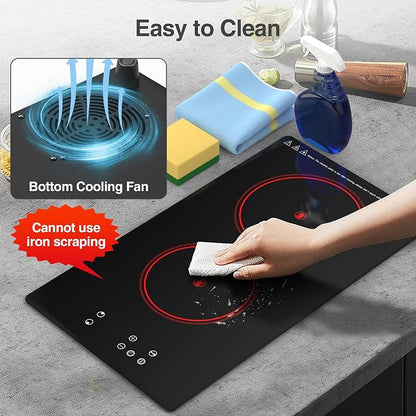 GIHETKUT Electric Cooktop,Built-in and Countertop Electric Stove Top, 2100W 110V Electric Burner 9 Heating Level, Timer & Kid Safety Lock, Sensor Touch Control 2 Burner Electric Cooktop.