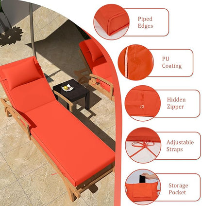 Chaise Lounge Cushions Outdoor Set of 2 Lounge Chair Cushion 72" L x 21" W with Headrest Straps 3'' Thick Waterproof Patio Chaise Cushions Pool Lounger Chair Cushion(Orange)