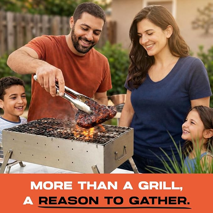 TSG Portable Stainless Steel Mangal Charcoal Grill For Shish Kebab, Steaks, Burgers | 20X12Inch| Includes 6 Skewers, 2 Tongs & Carry Bag | Foldable & Rustproof for Outdoor Cooking | Serves 8-12 People
