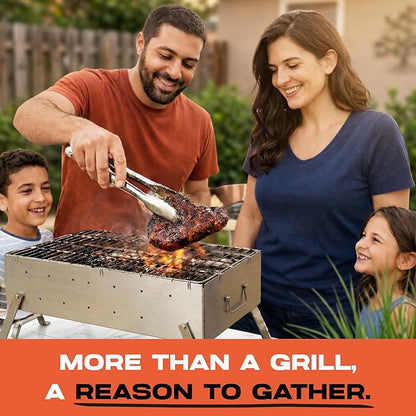 TSG Portable Stainless Steel Mangal Charcoal Grill For Shish Kebab, Steaks, Burgers | 20X12Inch| Includes 6 Skewers, 2 Tongs & Carry Bag | Foldable & Rustproof for Outdoor Cooking | Serves 8-12 People