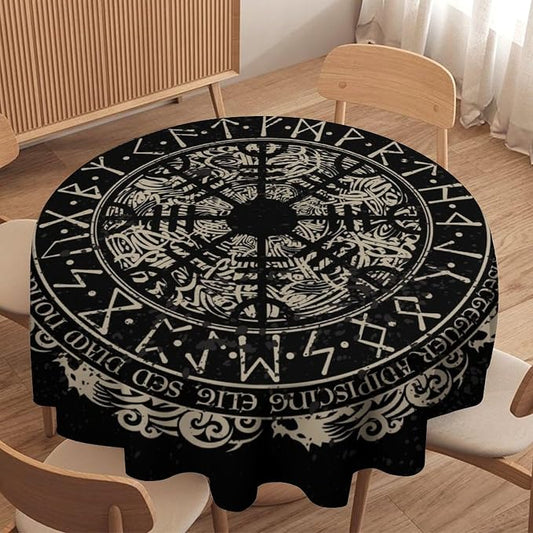 Vintage Viking Pattern Round Tablecloth, Viking Ancient Runic Helmet of Awe Celtic Dragon Table Cloth Water Resistant Table Cover for Farmhouse Party Holiday Kitchen Dinner Table 36"