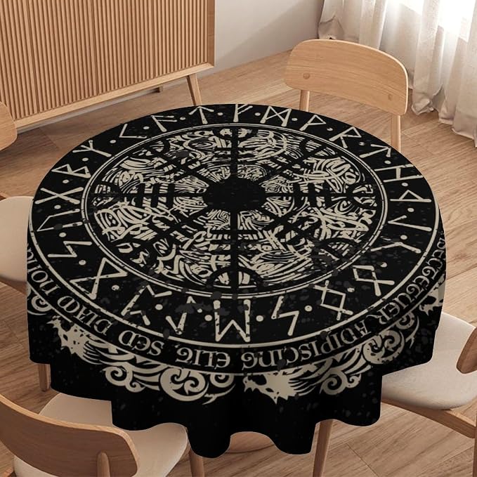 Vintage Viking Pattern Round Tablecloth, Viking Ancient Runic Helmet of Awe Celtic Dragon Table Cloth Water Resistant Table Cover for Farmhouse Party Holiday Kitchen Dinner Table 50"