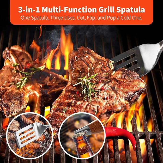 5in1 Heavy-Duty Rose Wooden BBQ Grilling Tools Set and BBQ Blanket for Resting Meat, Extra Thick SS Multi-Function Spatula, Fork, Brush & Tongs, Reusable Smoker Meat Insulated Bag, Ideal Gifts for Men