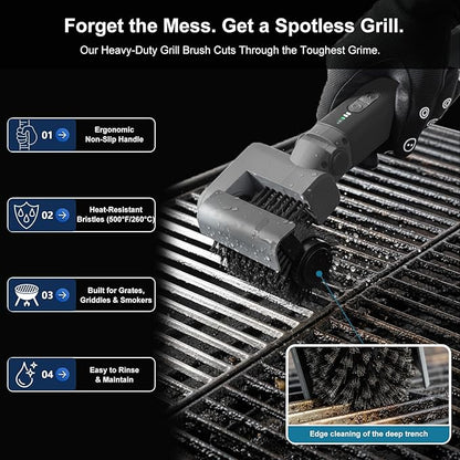 Electric Grill Brush for Outdoor, 3-Speed Control, 304 Stainless Steel Cordless BBQ Grill Brush with No-Shed Bristles, 150-Mins Runtime Grill Cleaning Brush for Deep Cleaning Grates (Black)
