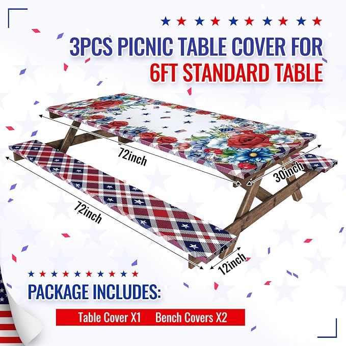 Cinrobiye 84 Inch Picnic Table Cover with Bench Covers, Fitted Elastic Waterproof Picnic Tablecloth with Bench Covers, Red White and Blue American Flag Table Cover for Camping, BBQ, Outdoor Parties