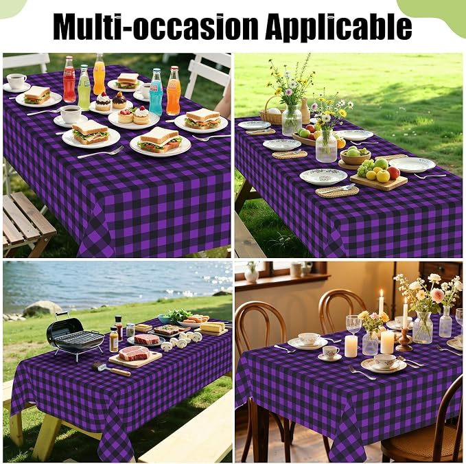 Smiry Picnic Table Cloth, Vinyl Tablecloths with Flannel Backing, 52"x70" | Waterproof Rectangle Table Cloth, Wipeable Buffalo Plaid Table Cover for Indoor and Outdoor (Black & Purple)