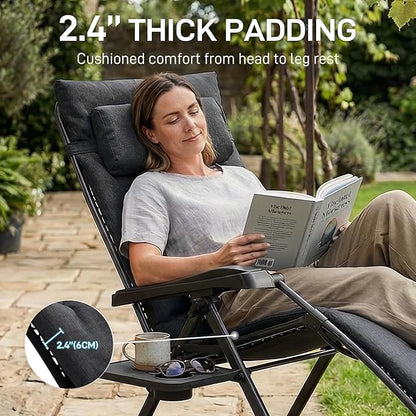 EVER ADVANCED Aluminum Zero Gravity Chair Oversized, 2.4" Thick Padded Reclining Lounge Chair with Adjustable Headrest & Side Table, Heavy Duty Support 350 lbs, Foldable for Outdoor & Indoor, Black