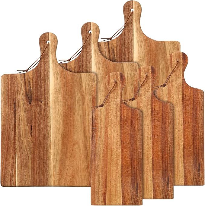 6 Pcs Acacia Wood Cutting Board Set with Handle, Bulk Chopping | Large Serving Boards for Charcuterie, Engraving Ready, 16x10 & 16x5 Inch, Wedding Housewarming Gifts, Natural Acacia Wood