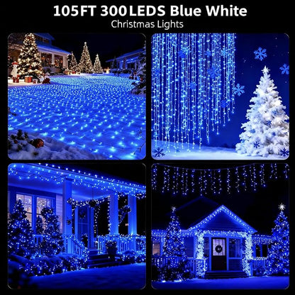 MZD8391 105FT 300LED Christmas Light, Christmas Tree Light, Blue White | Waterproof, 100% UL Listed, 8 Light Mode, Timer & Memory, 4 Set End To End Connect, LED Christmas String Light Outdoor Indoor