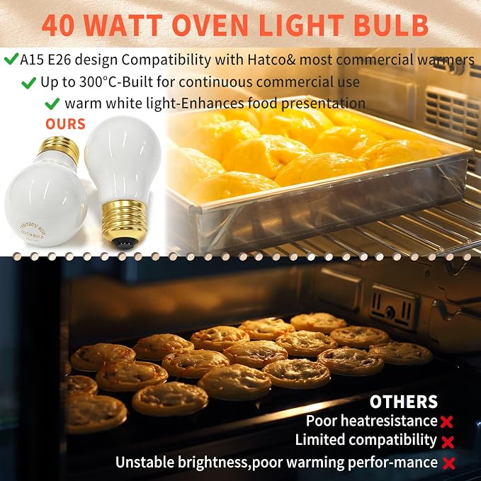 Heat Light Bulb 40 Watt Compatible with Hatco Oven 02.30.265.00 E26 Base | High Temp Oven Light Bulb A15 120V for Commercial Food Warming Cabinets and Displays Replace 02.30.265, 02.30.265.12 2-Pack