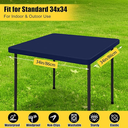 Smiry Rectangle Tablecloth, Elastic Fitted Flannel Backed Vinyl Tablecloths for 3ft Folding Tables, Waterproof Wipeable Table Covers for Indoor, Outdoor, Camping and Picnic (Navy, 34"x34")