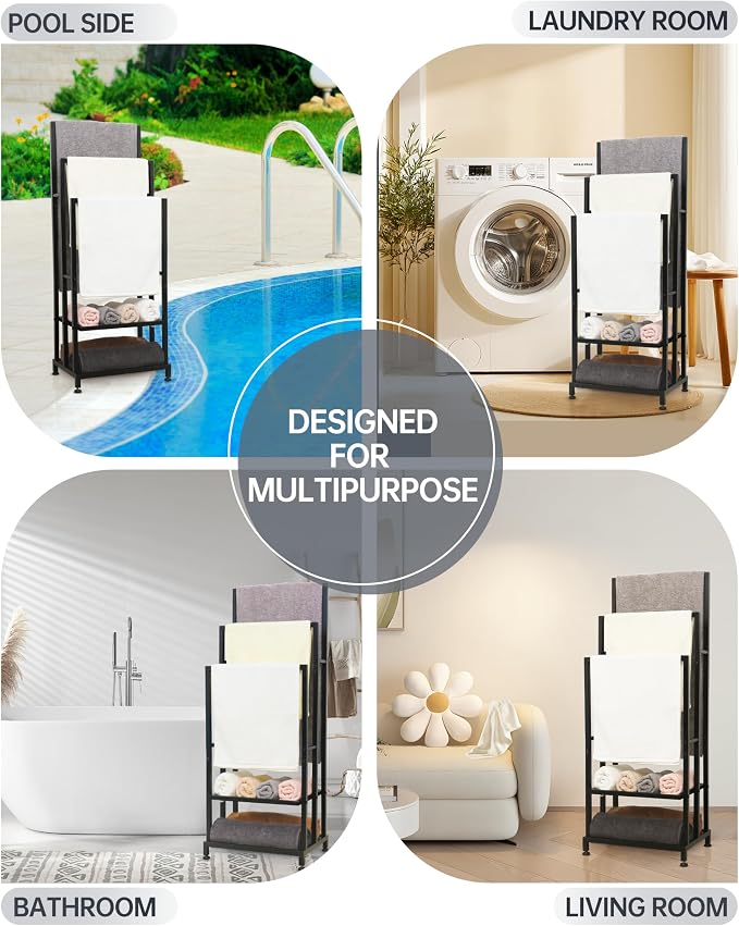 ZOES HOMEWARE Heavy Duty Pool Towel Rack for Outdoor | 3 Tier Free Standing Towel Rack with 2 Storage Shelves | Anti-Rust Stand Rack for Outdoor,Pool &Bathroom | Black, 41"x16"x12"