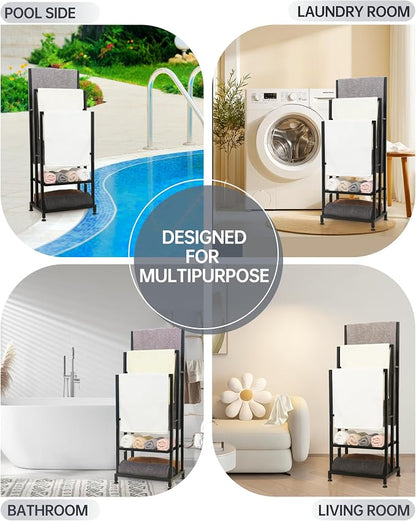 ZOES HOMEWARE Heavy Duty Pool Towel Rack for Outdoor | 3 Tier Free Standing Towel Rack with 2 Storage Shelves | Anti-Rust Stand Rack for Outdoor,Pool &Bathroom | Black, 41"x16"x12"