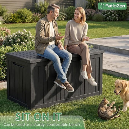 PatioZen 280 Gallon Deck Box Outdoor Storage Box, Waterproof and UV Resistant, Lockable&Resin for Patio Cushions Storage Furniture, Garden Tools, Pool Supplies(Black, 280 Gallon)