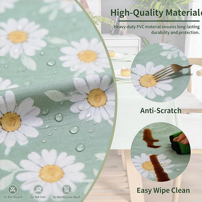 55×78 Heavy Duty Vinyl Tablecloth, 100% Waterproof PVC Table Cover with Floral Daisy Print, Heat Resistant & Wipeable Plastic Table Cloth for Kitchen Dining Room Outdoor Picnic Party Decor