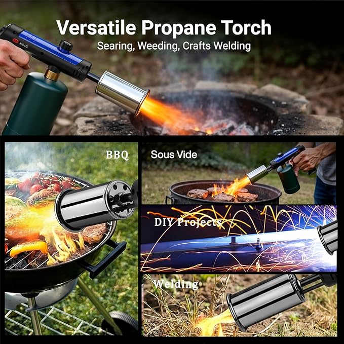 Propane Torch Gun With One-Touch Max Fire, Adjustable Kitchen Torch, Powerful Propane Torch With Many Safety Features(Tank Not Included)-Blue