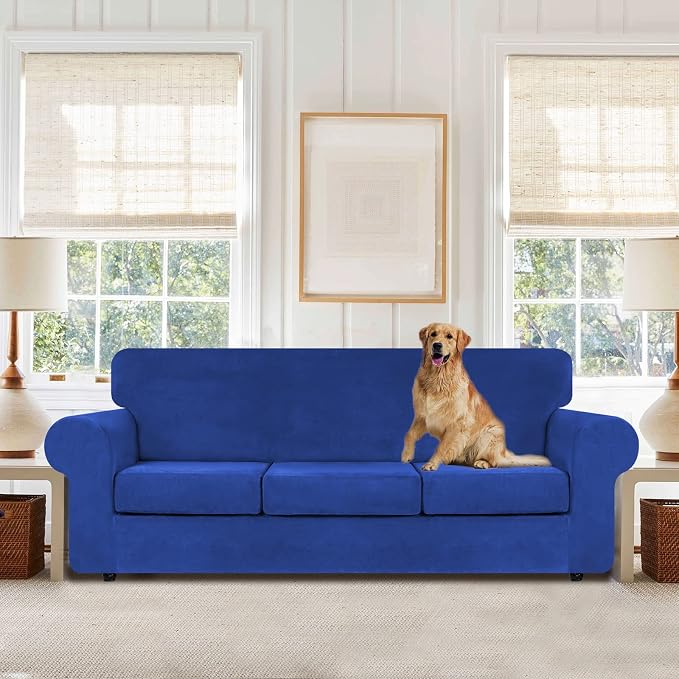 WEERRW 4 Pieces Couch Cover for Sofa Velvet Sofa Cover Washable, Royal Blue | Sofa Covers for 3 Cushion Couch Furniture Protector Sofa Slipcovers with Non Slip Elastic Bottom, Pet Friendly, Large