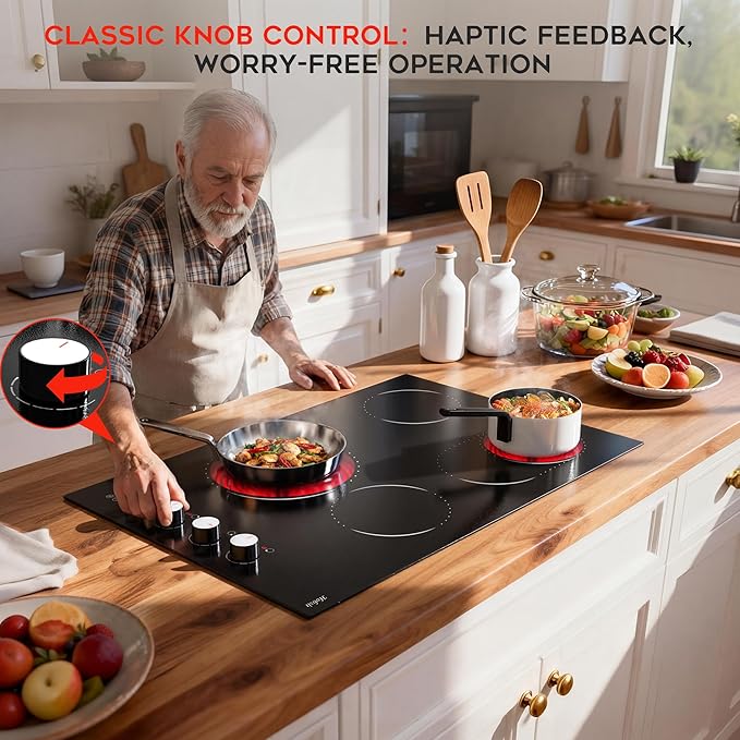 Electric Cooktop 30 Inch Hobsir, 4 Burner Electric Stove Top 6700W, Dual-Ring Burner & Oval Burner, 9 Power Level, 30 Inch Cook top with Safety Lock, Timer, White Knob