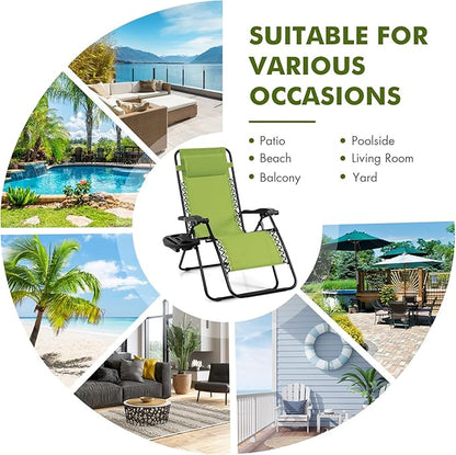 Giantex Zero Gravity Reclining Chair, Outdoor Patio Recliner with Cup Holder & Removable Pillow, Adjustable Backrest, Indoor Lounge Chair for Backyard, Garden, Poolside (Green)