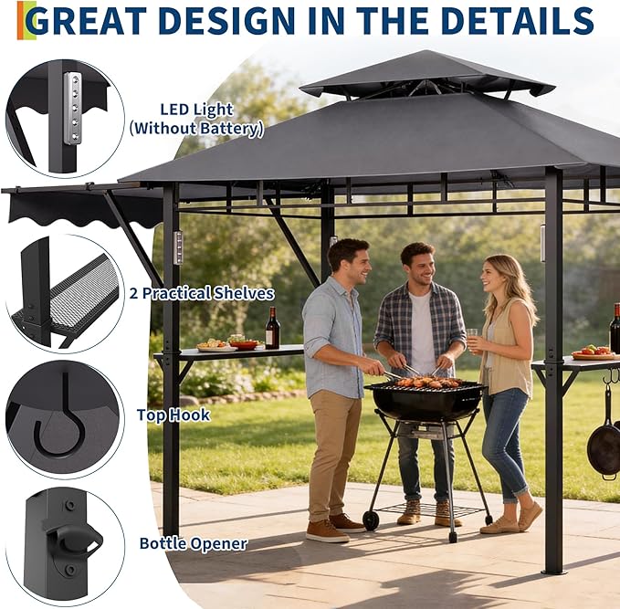 8x5 ft Grill Gazebo, Double Tired Outdoor Patio Canopy Tent with Side Awning Shelves, 4 LED Lights,10 Hooks & Bottle Opener,Heavy Duty Steel Frame Grilling Canopy for Patio Backyard Garden Picnic,Grey