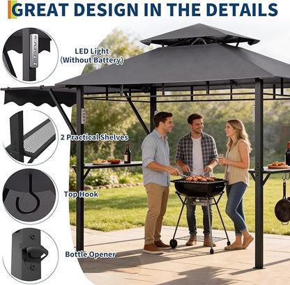 8x5 ft Grill Gazebo, Double Tired Outdoor Patio Canopy Tent with Side Awning Shelves, 4 LED Lights,10 Hooks & Bottle Opener,Heavy Duty Steel Frame Grilling Canopy for Patio Backyard Garden Picnic,Grey