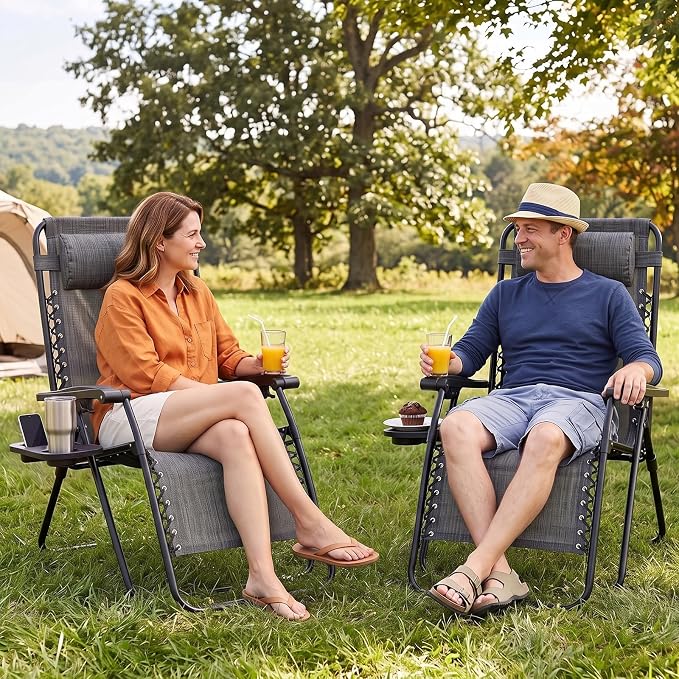 Zero Gravity Chairs Set of 4, Outdoor Folding Lounge Chairs | Foldable Reclining Patio Lawn Chairs with Mesh Back, Adjustable Pillows and Cup Holder Trays, for Pool, Beach, Backyard