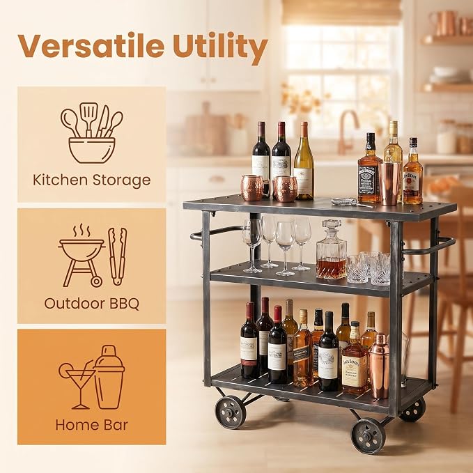 Industrial 3 Tier Mobile Bar Cart Rustic Metal Serving Cart with Wheels and Side Handles Vintage Rolling Kitchen Stand Cart-LxWxH: 36.2 * 15.75 * 30.5inch