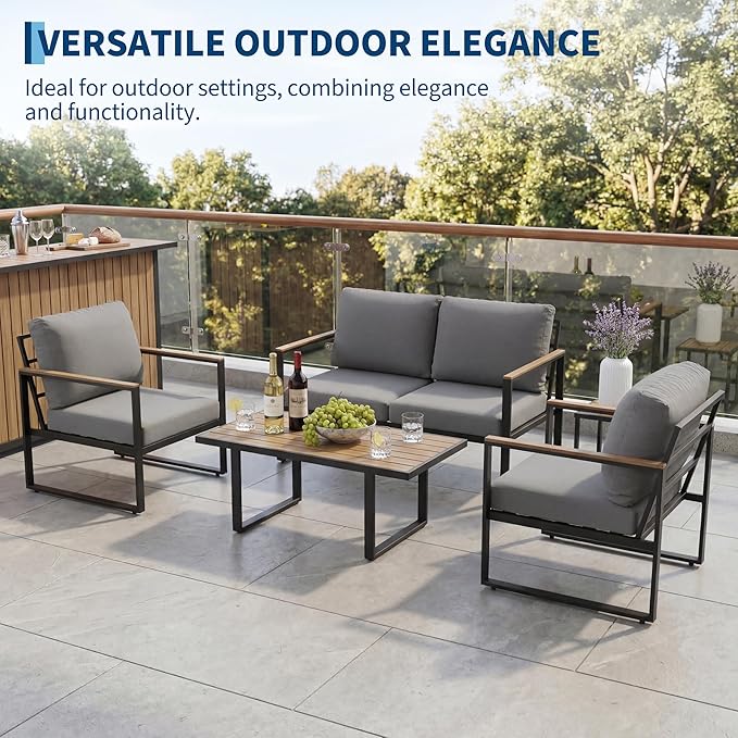 GarveeLife 4 Piece Outdoor Patio Furniture Set with Wood Coffee Table, Iron Frame Conversation Set, Gray Cushioned Chairs and Sofa for Balcony, Patio, Backyard