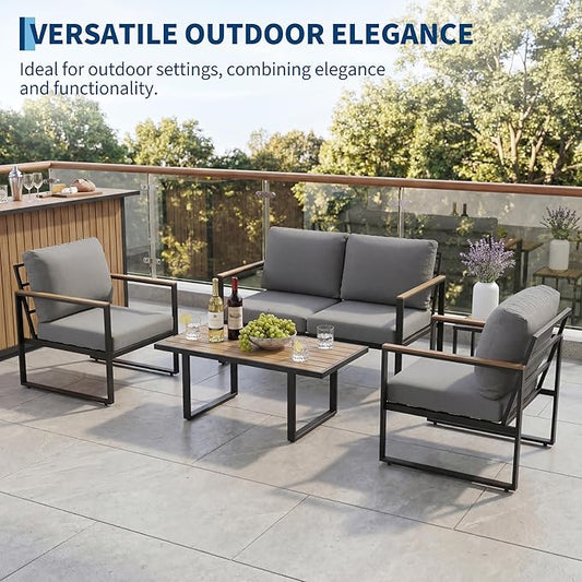 GarveeLife 4 Piece Outdoor Patio Furniture Set with Wood Coffee Table, Iron Frame Conversation Set, Gray Cushioned Chairs and Sofa for Balcony, Patio, Backyard