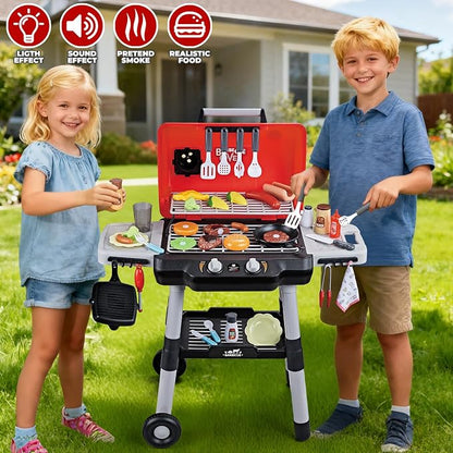 Shemira Kids Play Kitchen Toys, Kids BBQ Grill Playset, Play Grill Toys | 2-Layer Barbecue Toy with Wheel Smoke Sound Light, Outdoor Toys for Toddlers 3-5, Play Food Toys Cooking Set, Birthday Gift