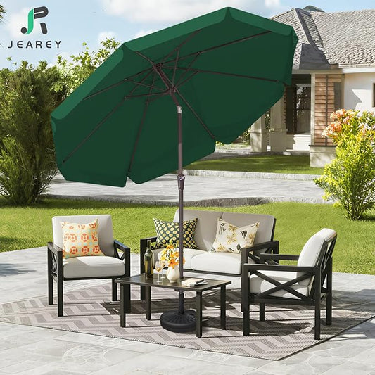 JEAREY 9 FT Patio Umbrella Outdoor, Table Umbrellas Market Umbrella w/Push Button Tilt/Crank, 8 Sturdy Ribs(Dark Green)