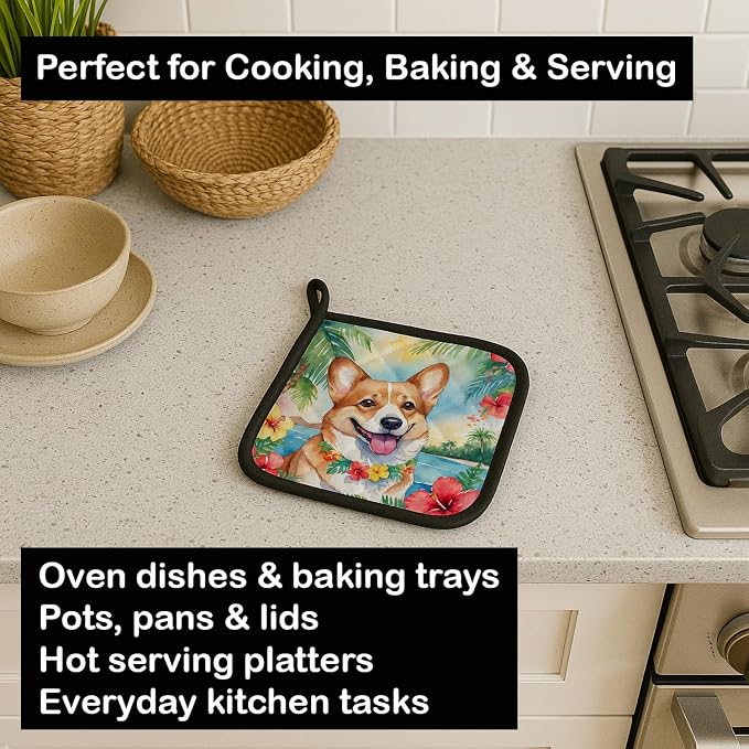 Caroline's Treasures Corgi Luau Pair of Pot Holders Kitchen Heat Resistant Pot Holders Sets Oven Hot Pads for Cooking Baking BBQ, 7 1/2 x 7 1/2